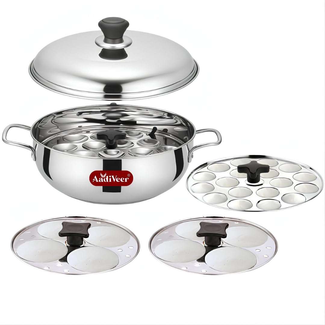 AadIveer Pewmium Stainless Steel Idli Maker | Idli Pot | Small Idli Cooker with 2 Idli Plates (8 Idlis) & 2 Mini Idli Plate (36 Idlis) | Hybrid Idli Kadai With Sturdy Handles 1