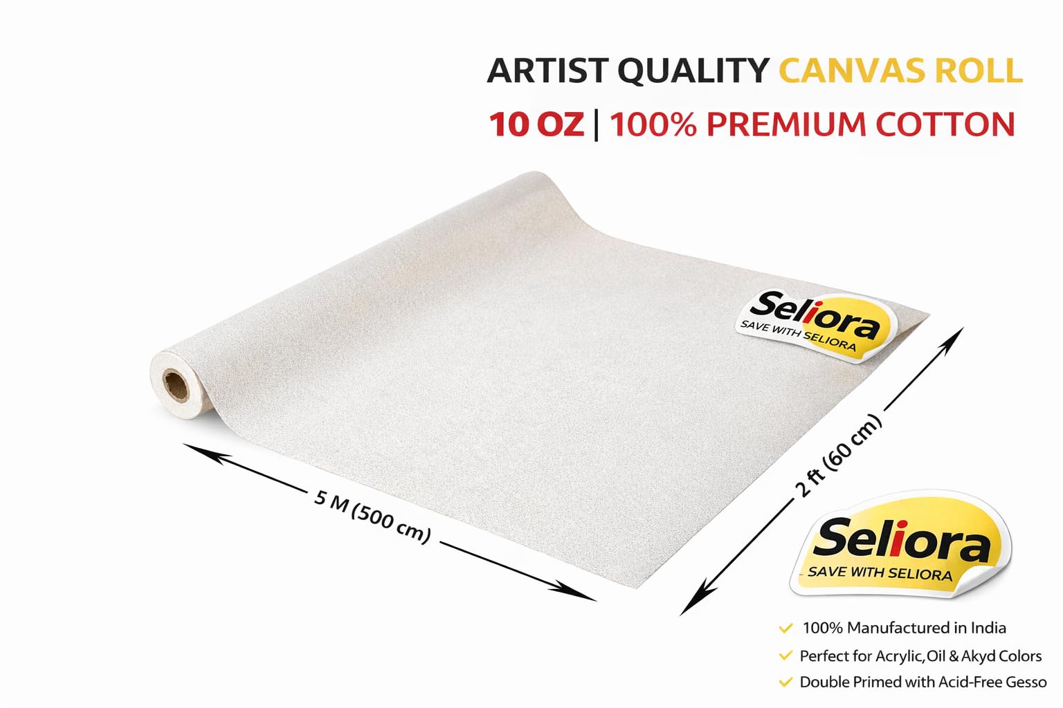 Seliora™ Premium Cotton Canvas Roll for Painting, "Artist" Series (24” inch x 5 Meter) White, Medium Grain Double-Primed Artist Canvas Roll for Oil, Acrylic & Alkyd (24" x 5 Mtr) 4