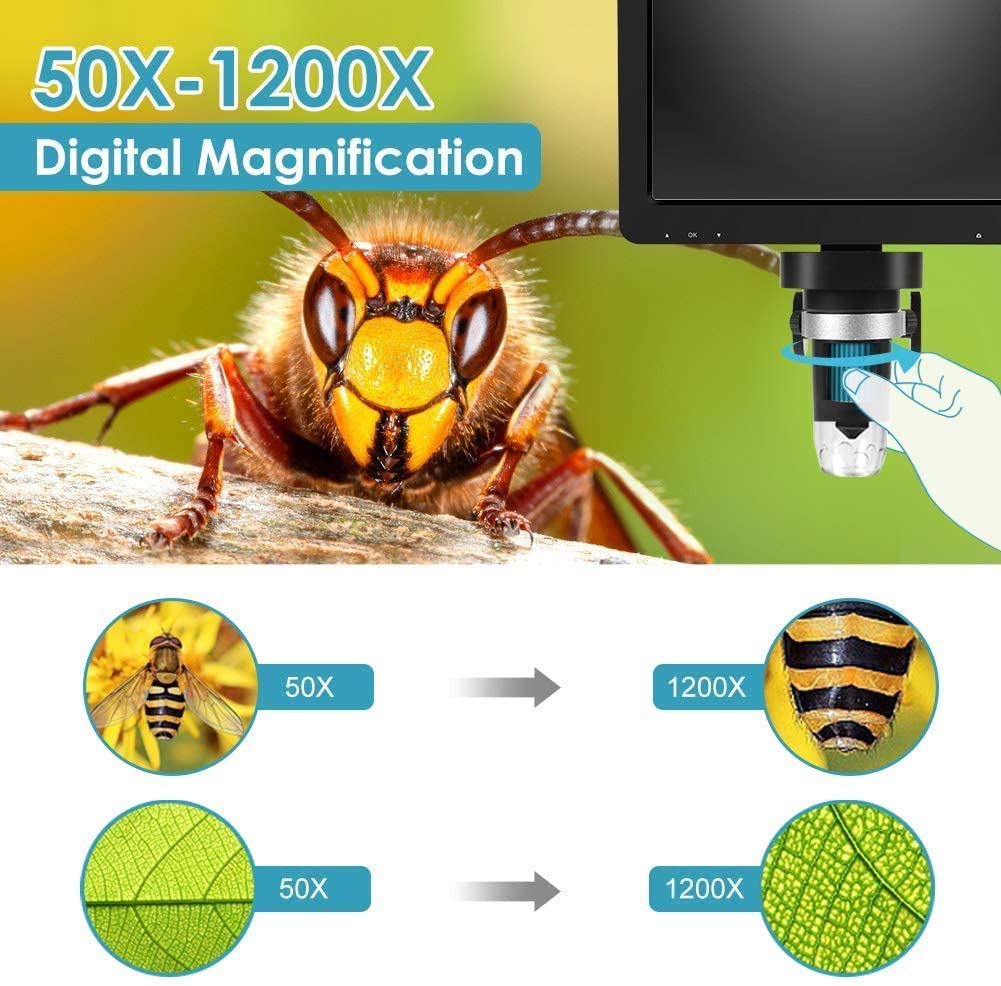 atdaraz LCD Digital USB Microscope 7 in HD Screen, Circuit Board Repair Soldering PCB Coins,12mp Video Camera Microscope, 8 Adjustable Light, 1-1200X Magnification with Rechargeable Batt-ery 3