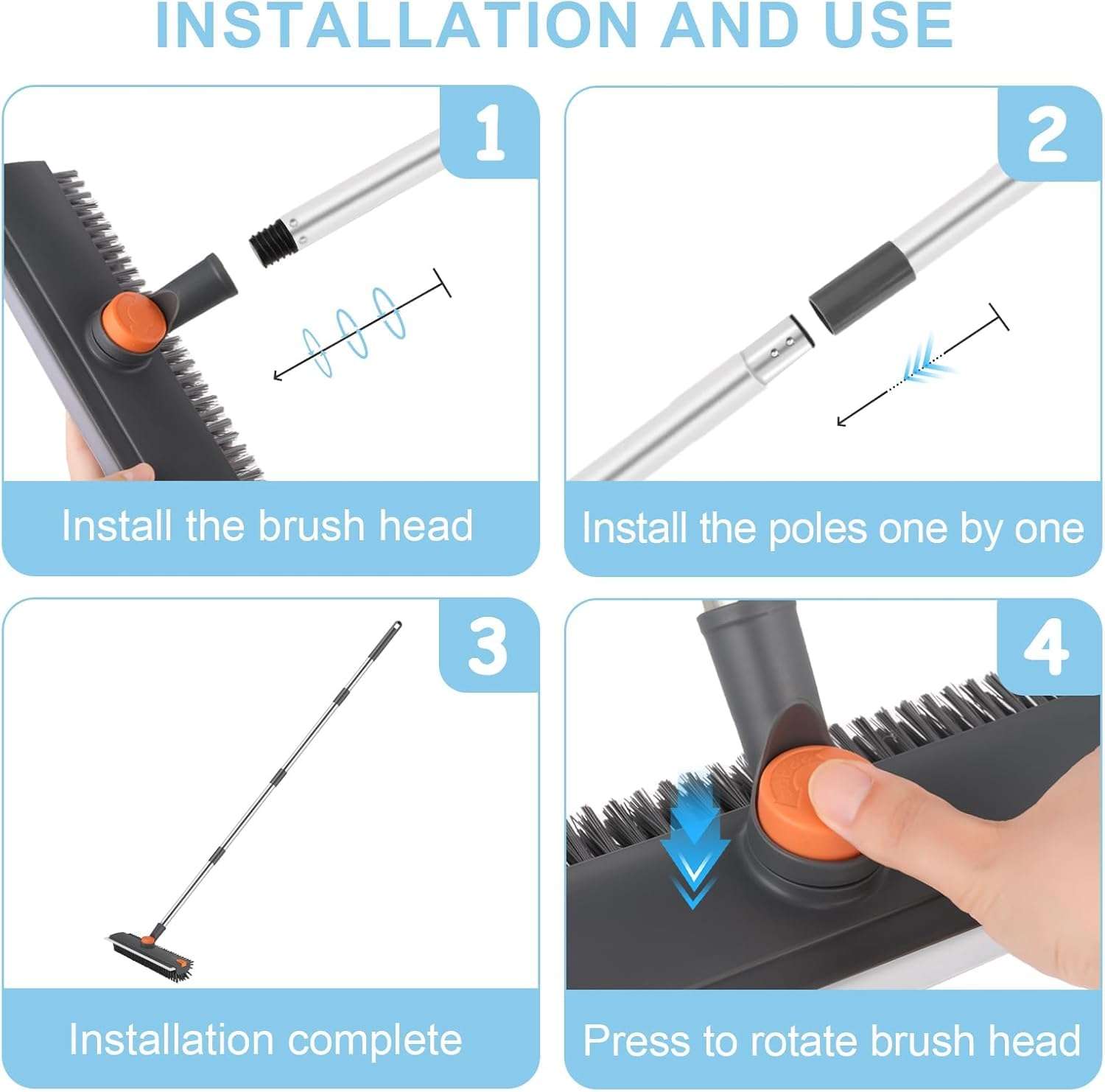 3 in 1 Bathroom Cleaning Brush with Wiper - Heavy Duty 52 inch Long Handle 360° Rotate Floor Scrubber Brush, Tiles Cleaning, Floor Scrub for Kitchen and Bathroom Wall 6