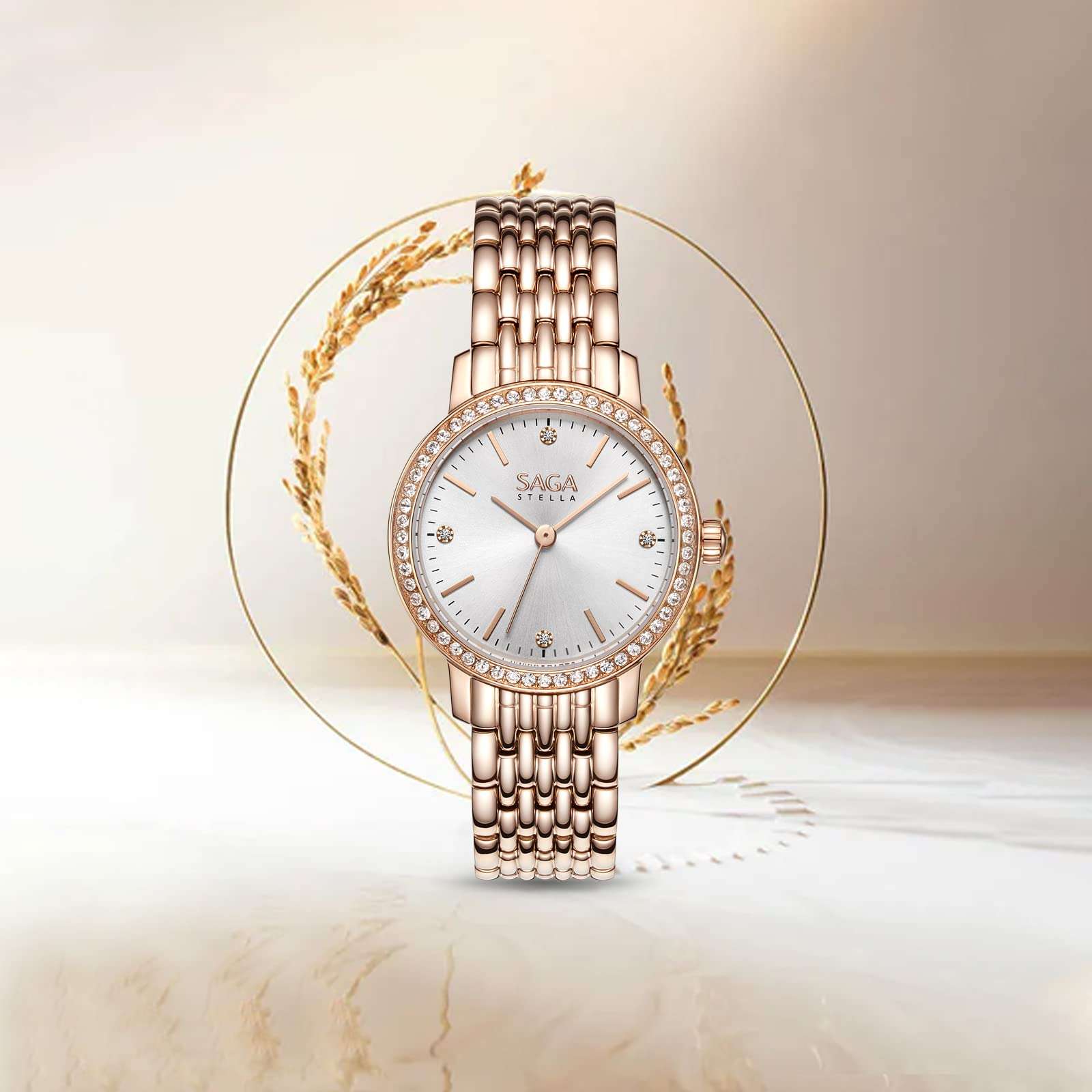 SAGA Luxury Crystal Ladies Watch Stainless Steel Crystal-Accented Dress Watch As Gift for Women Light Rose Gold 4