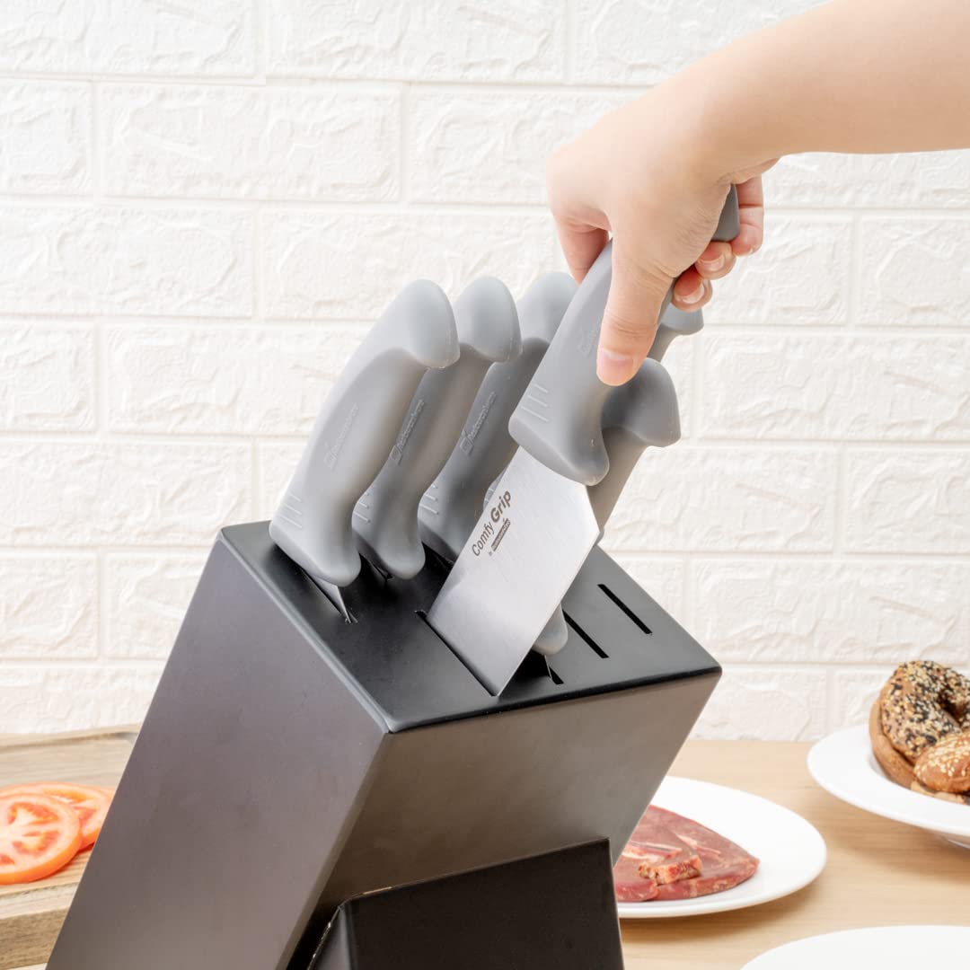 Restaurantware Comfy Grip Knife Set With Holder 1 Sharp 9-Piece Knife Set - Ergonomic Handle Non-Slip Grip Gray Stainless Steel Kitchen Knife Set Dishwashable Includes Knife Holder 6