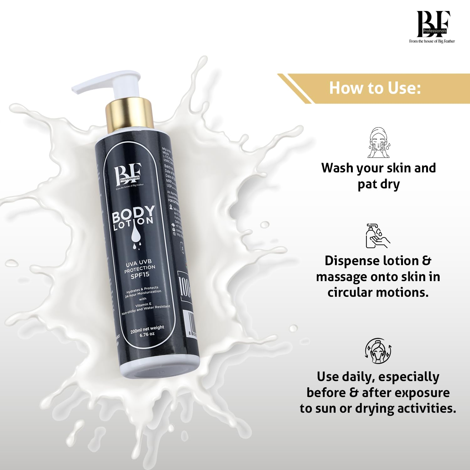 BF Professionals Body Lotion – SPF 15 UVA & UVB Protection | 24-Hour Intense Moisturization, Non-Sticky & Water-Resistant Formula | Enriched with Vitamin E | Vegan & Paraben-Free | 200 ml 4