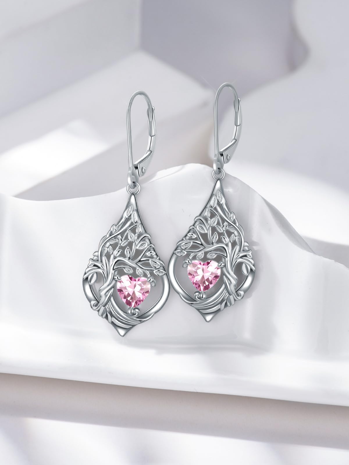 POTOPYY Tree of Life Earrings for Women S925 Sterling Silver Dangle Drop Earrings Jewelry Heart October Birthstone Earring Tree of Life Gifts Birthday Anniversary Wedding Gifts for Wife Sister Her 3