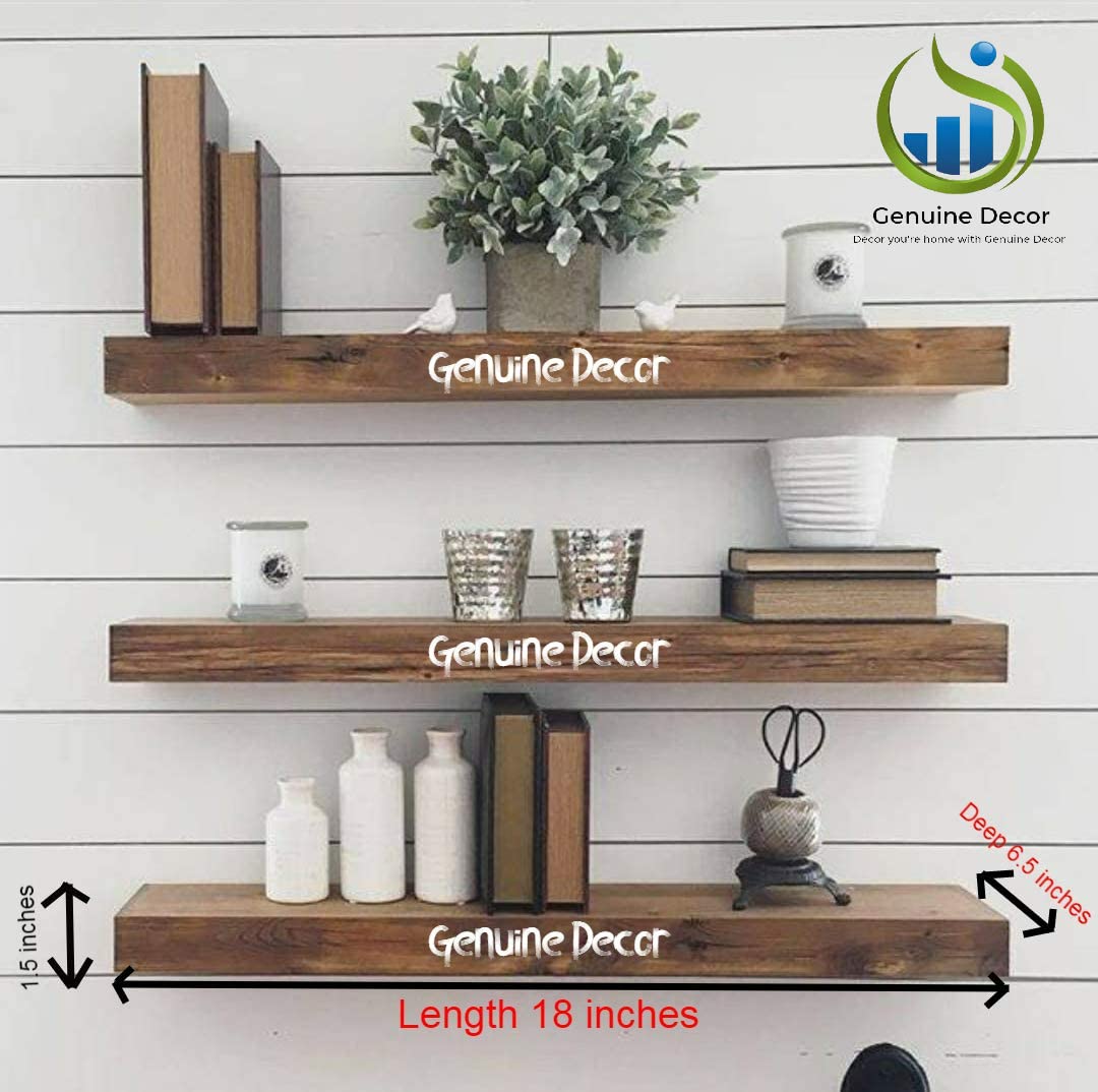Genuine Decor 18 Inch Floating Shelves for Wall Set of 3, Rustic Wall Mounted Ledge Shelf for Bathroom, Bedroom, Living Room, Kitchen Light Walnut 3