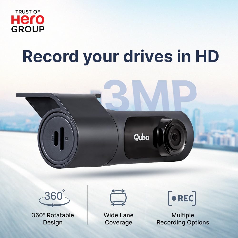 Qubo Car Dash Camera Pro X 3MP 1296p from Hero Group | Made in India | Super Capacitor| Wide Angle View | Emergency Recording | SD Card Upto 1TB Supported | Easy DIY Set Up | (Space Grey) 2