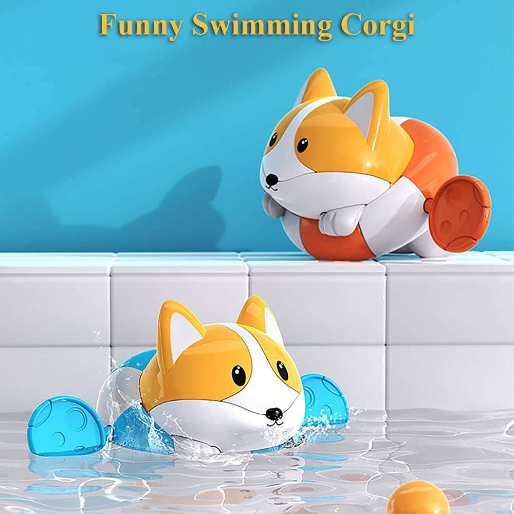 NEXTAKE Bath Toy Pull and Go Corgi Bathtub Toy Windup Swimming Corgi Po String Tub Toy Rowing Puppy Floating Water Toy for Boys and Girls 9 (Blue) 3