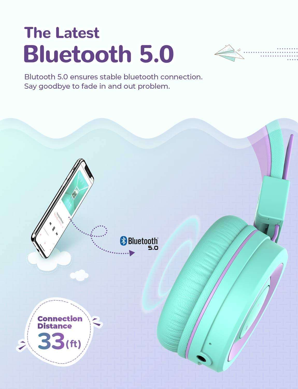 Kids Bluetooth Headphones, iClever BTH02 Kids Wireless Headphones with Mic, 22H Playtime, Bluetooth 5.0 & Stereo Sound, Foldable, Adjustable Headband, Children Headset for iPad Tablet Home School, Green 4