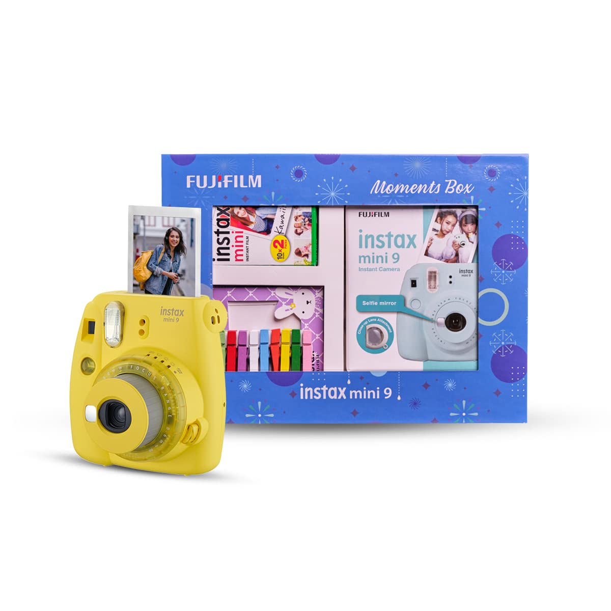 Fujifilm Instax Mini 9 Instant Camera (Clear Yellow) Moments Box with 20 Shots
