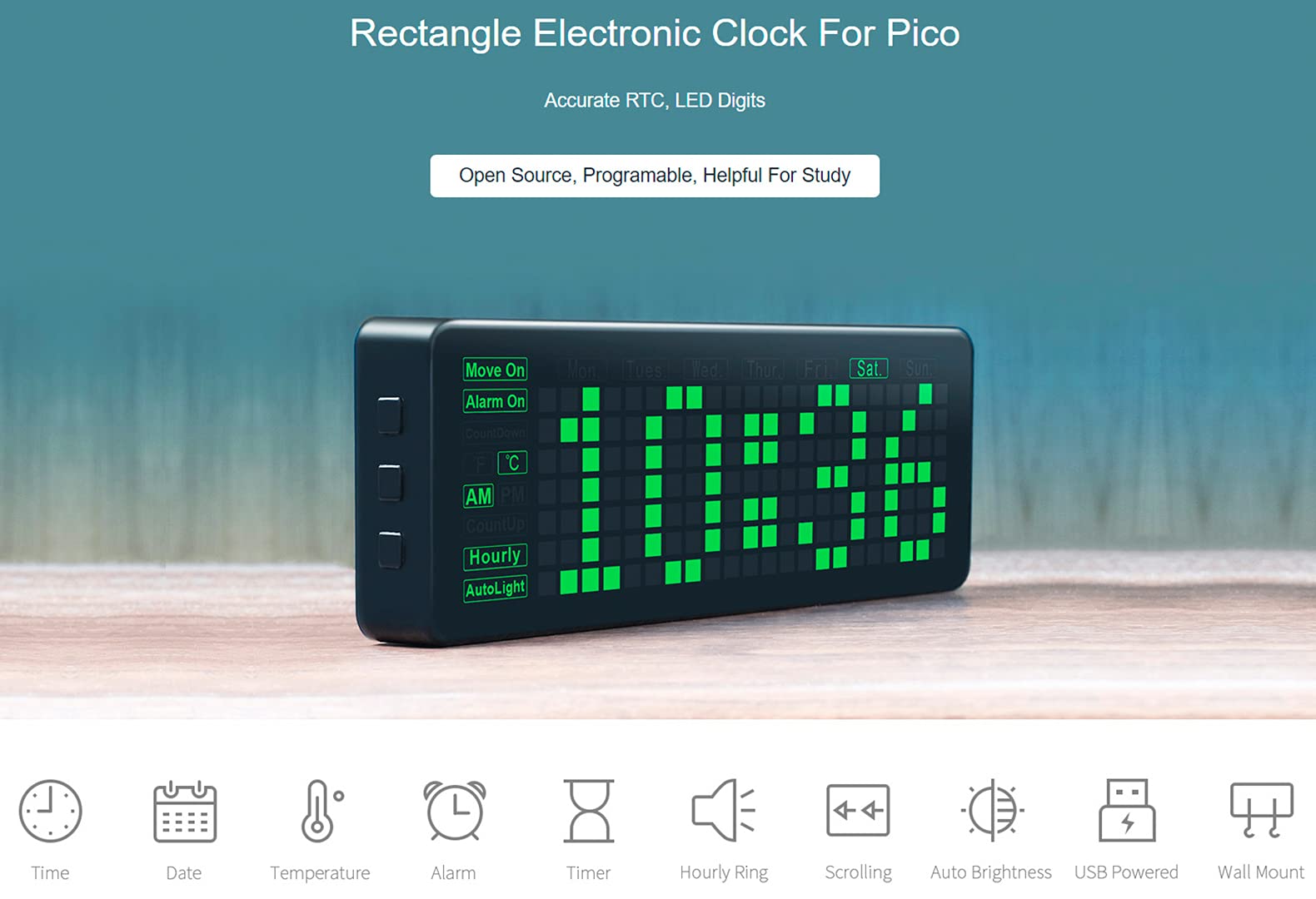 Electronic Clock for Raspberry Pi Pico, LED Digits Onboard RTC Chip DS3231 Photosensor Buzzer with Accurate Real-Time Clock Date Temperature Alarm Timer Hourly Ring Auto Brightness Multi Functions 2