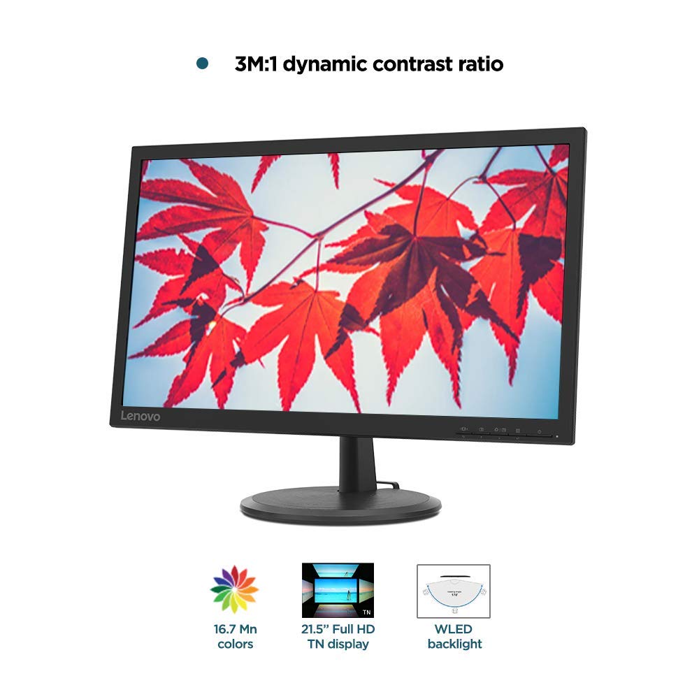 Lenovo D22-20 21.5" Work & Play Monitor, 1920x1080 FHD TN Panel, LED Backlit, 75Hz 5ms Response time, 1VGA Port, 1HDMI, with HDMI Cable, Audio Out, VESA Mount, TÜV Rheinl& Low Blue Light for Eye Care 2