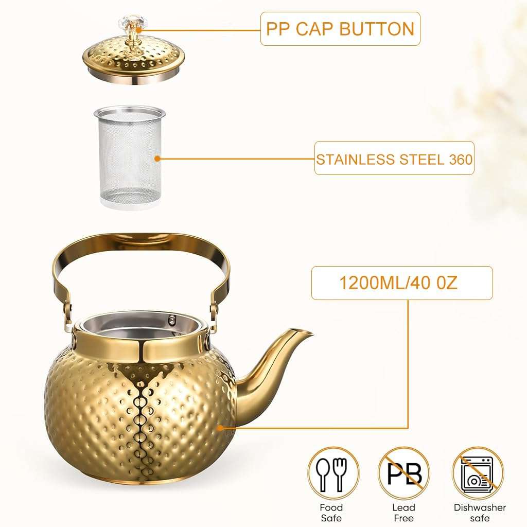 Supvox® 1.2L Stainless Steel Teapot Pot Kettle, Luxury Golden Water Kettle with Infuser, Universal Water Kettlefor Coffee and Tea Enthusiasts, Tea Kettle for Gas Stove and Induction (Golden) 4