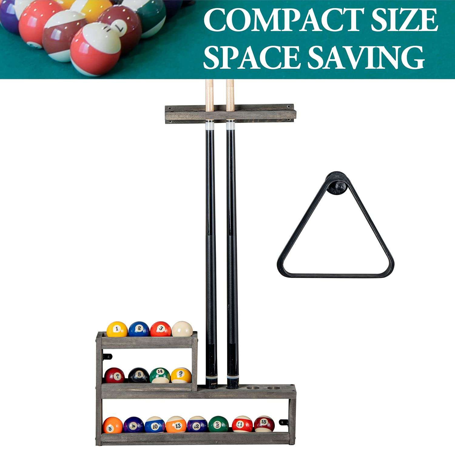 MyGift Vintage Weathered Gray Solid Wood Pool Cue Holder and Ball Storage with Pipe Hanging Hook for Triangle Rack, Wall Mounted Billiards Organizer Set 4