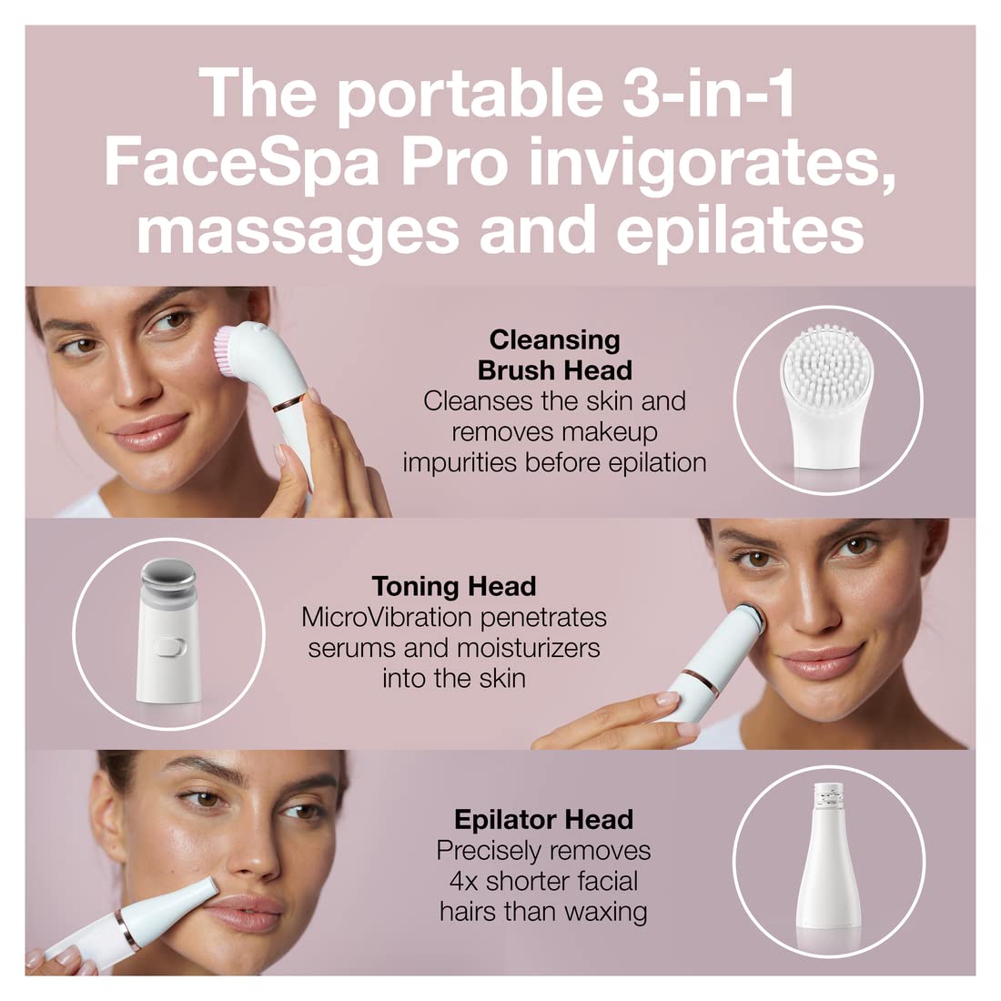Braun Face Epilator Facespa Pro 911, Facial Hair Removal for Women, Hair Removal Device, 3-in-1 Epilating, Cleansing Brush and Skin Toning with 3 Extras 6