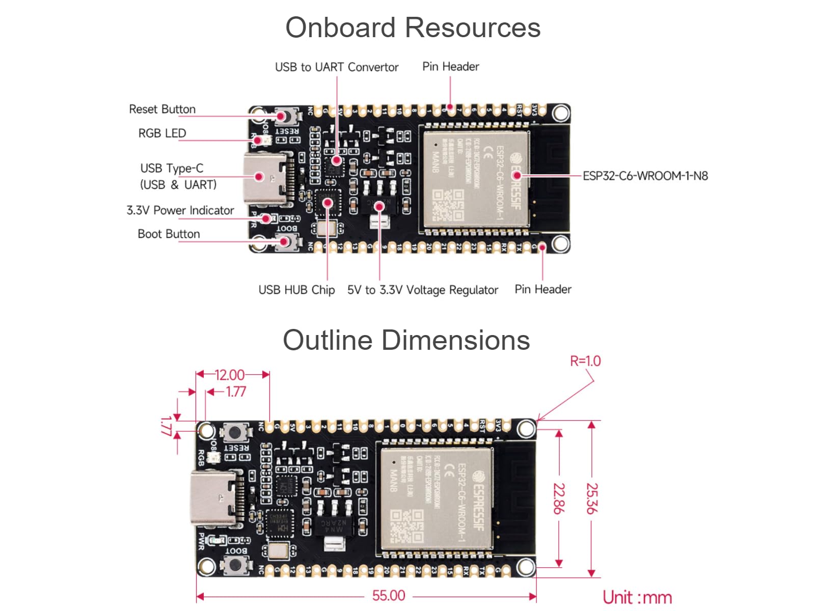 Waveshare ESP32-C6 Microcontroller WiFi 6 Development Board with Pre-soldered Header Onboard ESP32-C6-WROOM-1-N8 Module,RISC-V 32-bit Sngle-core Processor, WiFi 6+Bluetooth 5+IEEE 802.15.4 5