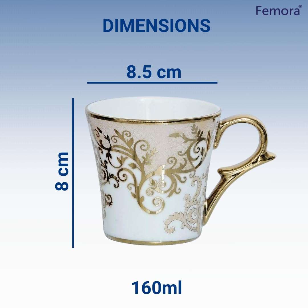 Femora Premium Floral Gold Line Ceramic Coffee & Tea Cup | Finest Premium for Tea/Coffee/Hot Drinks | Set of 4 | Capacity- 160 ML |(Not Microwave Safe) 4