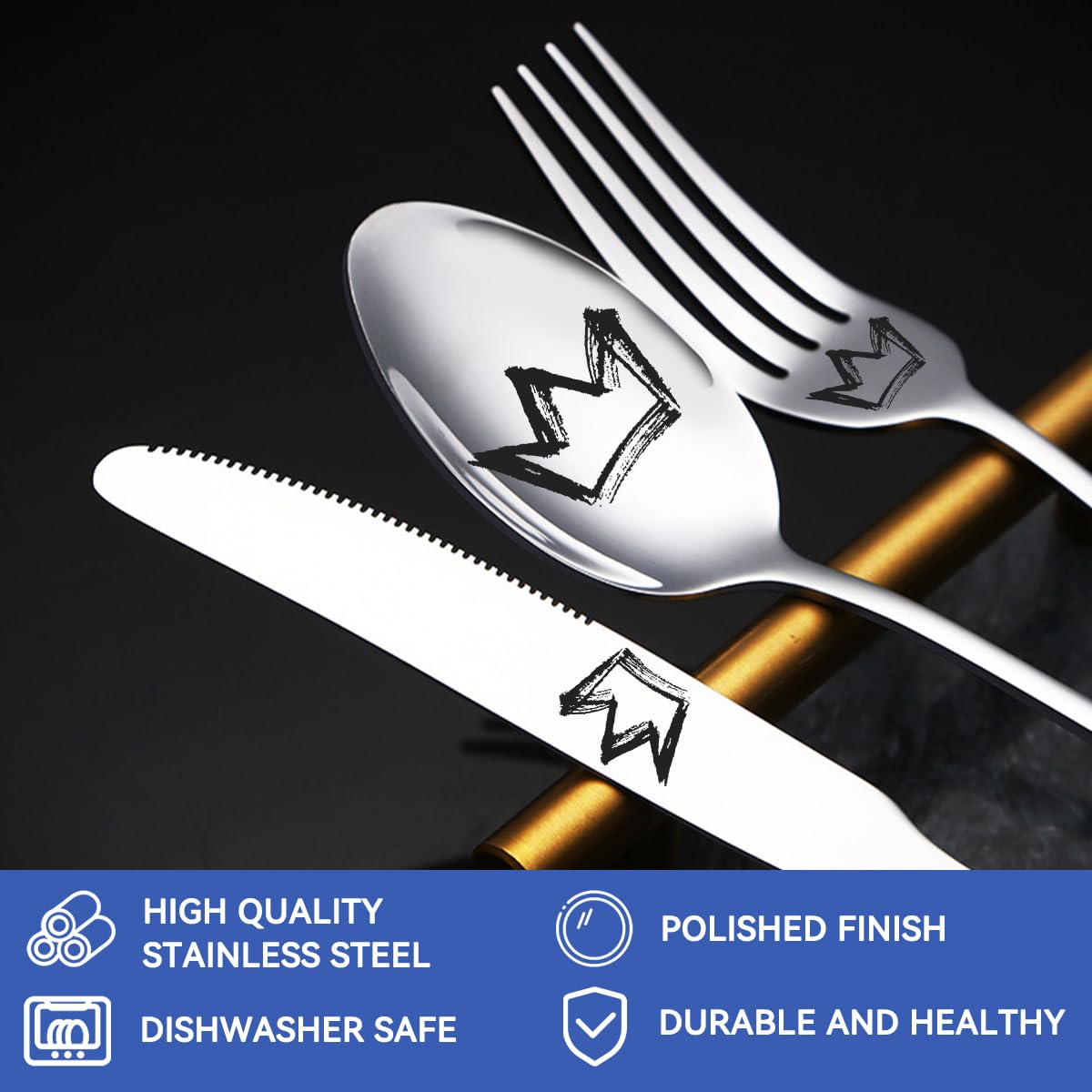 Customized Silverware Set with Gift Box 5-Pieces Engraved Stainless Steel Flatware Set Custom Dinner Forks/Knives/Spoons Personalized Cutlery Set Mirror Finish Dishwasher Safe 4