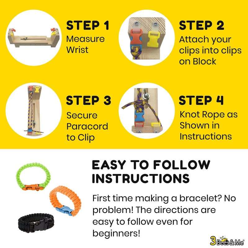 3 Bees & Me Paracord Bracelet Kit for Boys & Girls - Complete DIY Friendship Bracelet Maker Set with Jig Loom & Paracords for Kids, Tweens & Teens 5