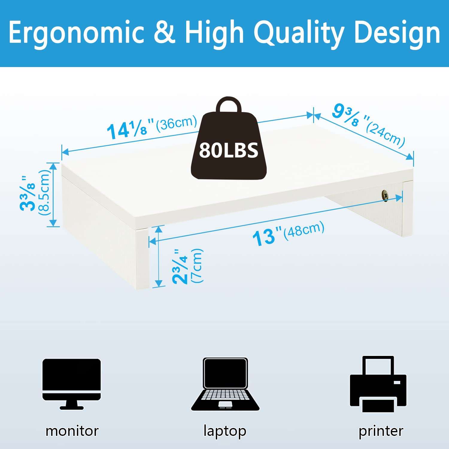 TEAMIX 20 inch + 14.2 inch White Monitor Stand Riser, Wood Monitor Stand for Desk TV/Screen/PC/Printer/Laptop Riser, Computer Stand with Keyboard Organizer, Desktop Shelf, Monitor Riser . 5