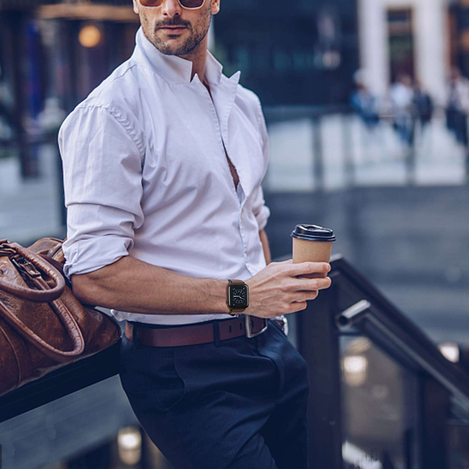 FITWORTH High End Hybrid Band Compatible with Apple Watch Band 42mm 44mm, Silicone + Genuine Leather, Simple, Neat & Sweat Resistant, Suit for Men's Business Casual & Light Sports (Chocolate, 42/44) 6