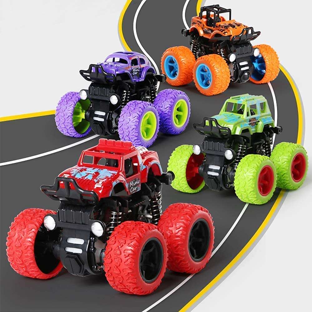 Unbreakable Monster Truck Friction Powered Cars Toys Plastic Truck Big Rubber Tires 360 Degree Rotation Stunt 4WD Cars Birthday Gift for Kids Boys & Girls Pack of 2 (Purple & Red) 4