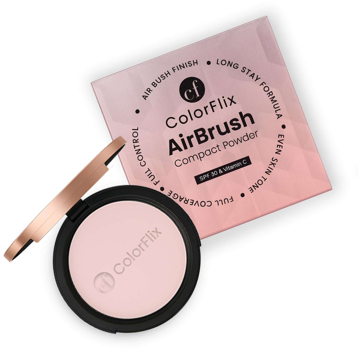 ColorFlix AirBrush Compact Powder with SPF 30 & Vitamin C, Long Stay, Oil Control, Airbrush Finish, Lightweight, Full Coverage Face Powder for Even Skin Tone & Smooth Matte Look – 9g (Pastel Pink) 1