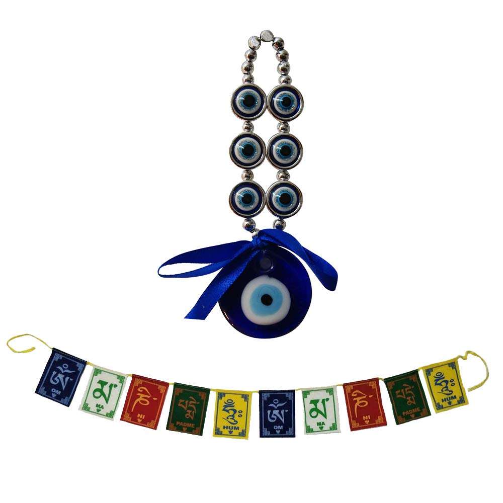 Divya Mantra Combo of Glass Evil Eye Wall Hanging Buri Nazar Battu Surksha Kawach & Tibetan Buddhist Om Mani Padme Hum Positive Vibes Prayer Flags for Car/Bike/Vehicle/ Good Luck - 3 Feet Multicolour 1
