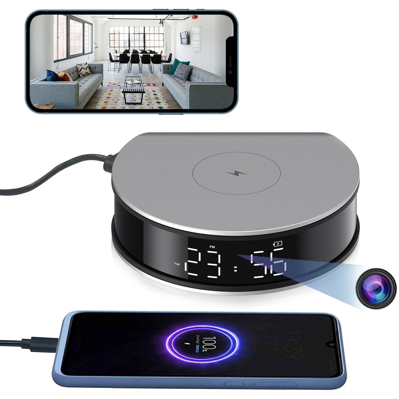 LIZVIE Wireless Charging Clock - 1080P with Motion Detection Alarm, Night Vision & Wireless Connectivity (2.4Ghz), 2.4G WiFi Mini Security Cam for Indoor Home/Office Surveillance
