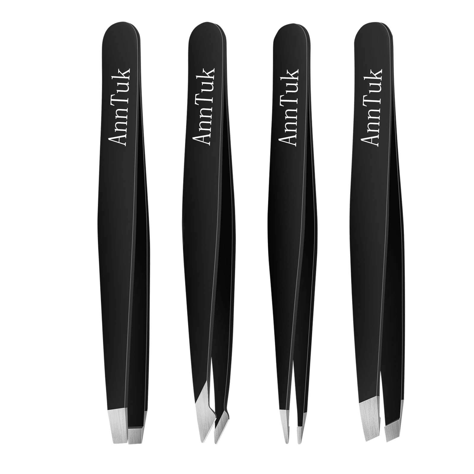 Tweezers Set 4Pcs with Leather Case, Precision Stainless Steel Tweezers for Eyebrows Splinter Facial Hair, Slant Flat Point Angle Tips 1