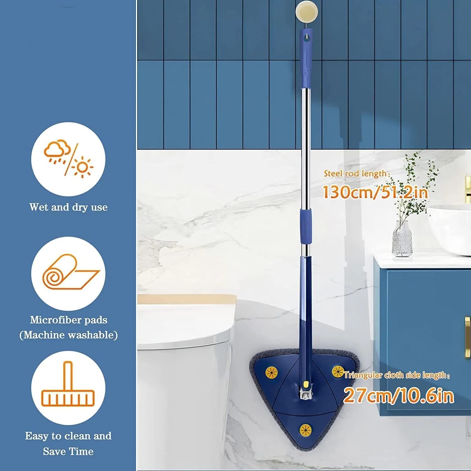 MY TRIO 360° Rotatable Adjustable Triangle Multifunctional Cleaning Mop || Stainless Steel Long Handle Push-Pull Squeezing Cleaning Mop || Dry & Wet Mop for Floor || Aluminum || Multicolour || 6