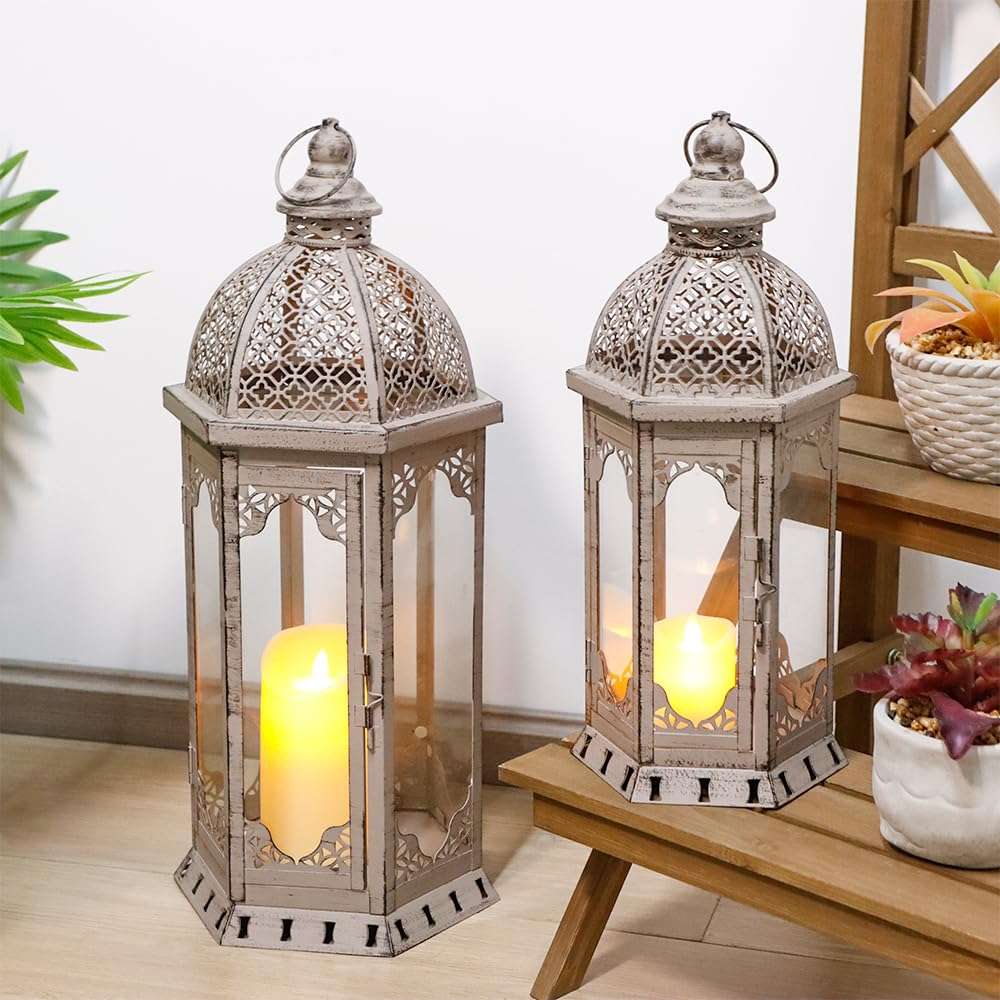 JHY DESIGN Set of 2 Decorative Candle Lanterns 22"&17" H Vintage Metal Candle Holder for Garden Indoor Outdoor Parties Weddings Patio Home Decor(Grey with Black Brush) 4