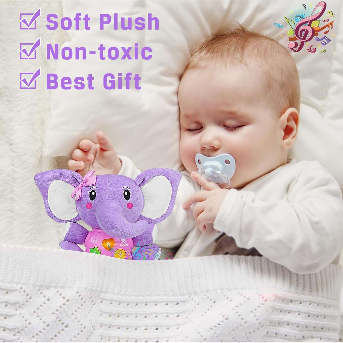 Aitbay Plush Elephant Music Baby Toys 0 3 6 9 12 Months, Cute Stuffed Aminal Light Up Baby Toys Newborn Baby Musical Toys for Infant Babies Boys & Girls Toddlers 0 to 36 Months (Purple) 6