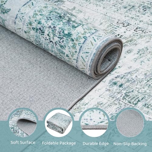 TQONEP Boho Area Rug 5 x7, Washable Rug with Non-Slip Backing, Boho Rugs Vintage for Living Room, Bedroom,Dining Room,Kitchen,Office, Stain Resistant Large Area Rug (Gray/White, 5' x 7') 4