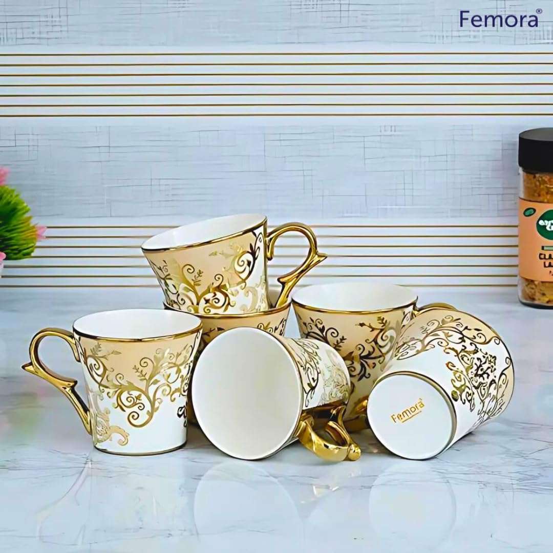 Femora Premium Floral Gold Line Ceramic Coffee & Tea Cup | Finest Premium for Tea/Coffee/Hot Drinks | Set of 4 | Capacity- 160 ML |(Not Microwave Safe) 3