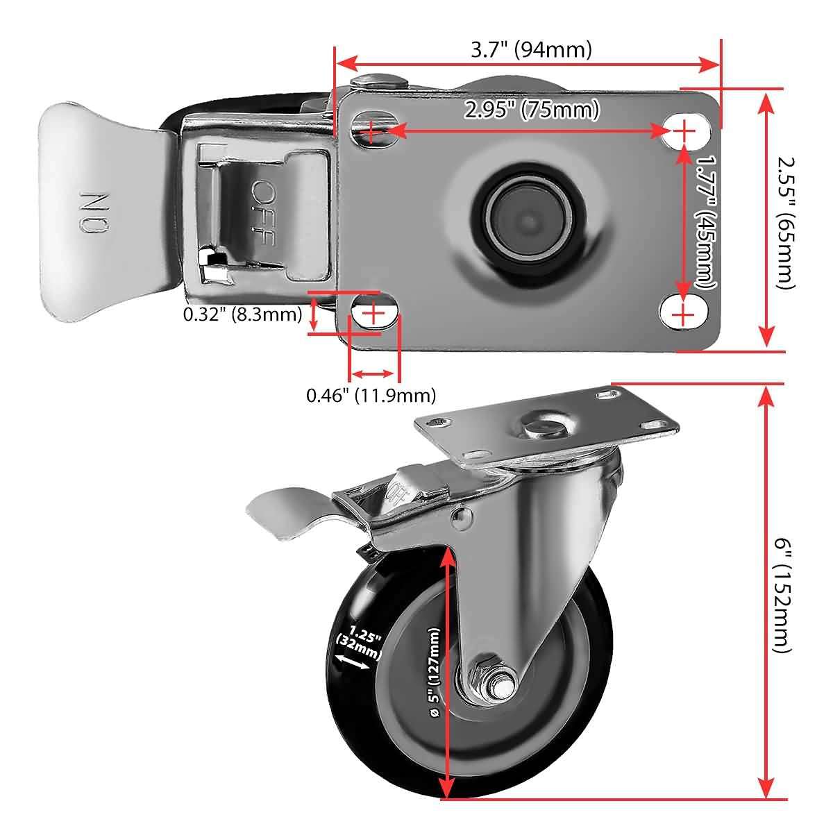 8 Pack 5 Inch Combo Caster Swivel Plate 4 w/Brake & 4 Plate Heavy Duty on Black PU Wheels with Heavy Duty Screws 5