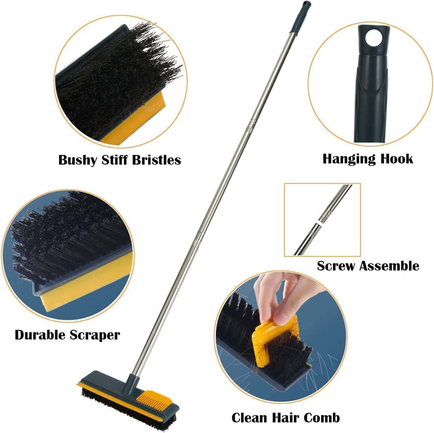 Zorzel Floor Scrub Brush with Comb Teetch and Squeegee, 44" Stiff Bristle Deck Brush, 2-in-1 Floor Scrubber Cleaning Grout Brush for Tile Bathroom Shower Patio and Kitchen 3