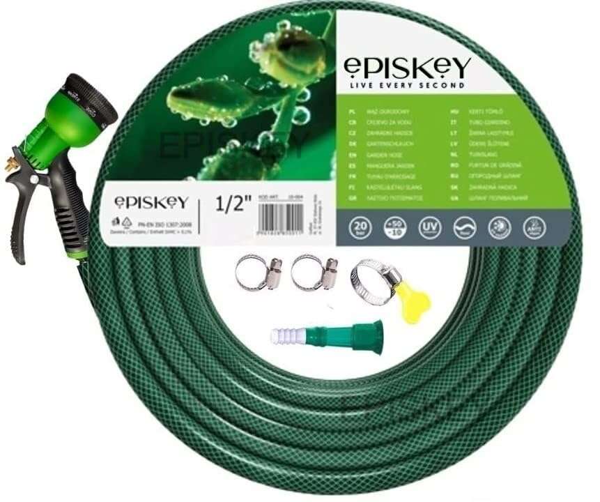 Episkey Heavy Duty 10 Meter Garden Hose Pipe | 1/2 Inch Flexible Water Pipe with Double Latex Core Braided Anti-Kink Outer Layer 8-Pattern SprayGun, Tap Connector & 2 Clamps | Leak-Proof, UV-Resistant 1