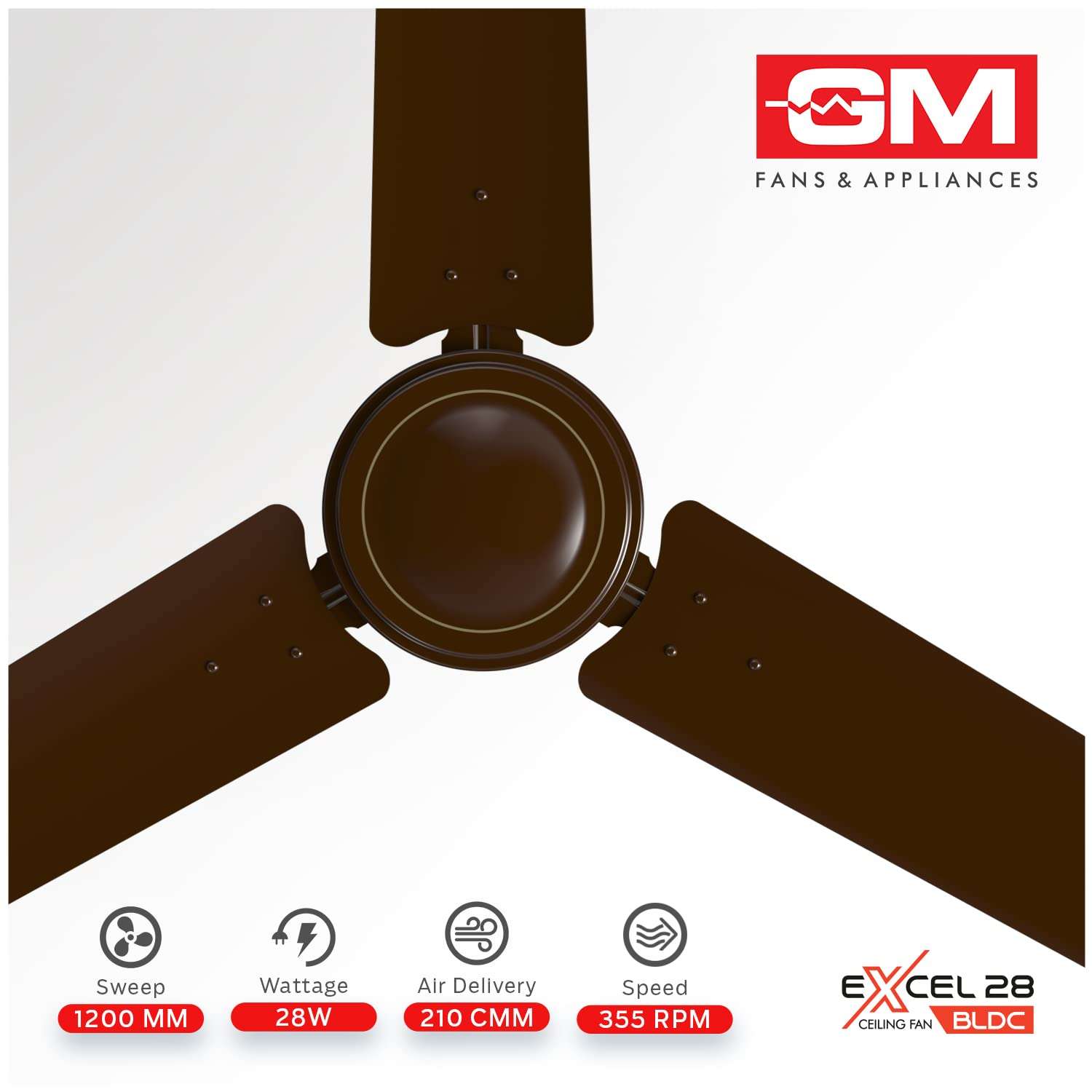 GM Excel28 Ceiling Fan Brown 1200 MM 355 RPM, 5 Star Rated, Energy efficient, BLDC Motor, Prelubricated Closed Type double ball bearing, Compatible with all regulators, Suitable for Living Room, Bedroom 4