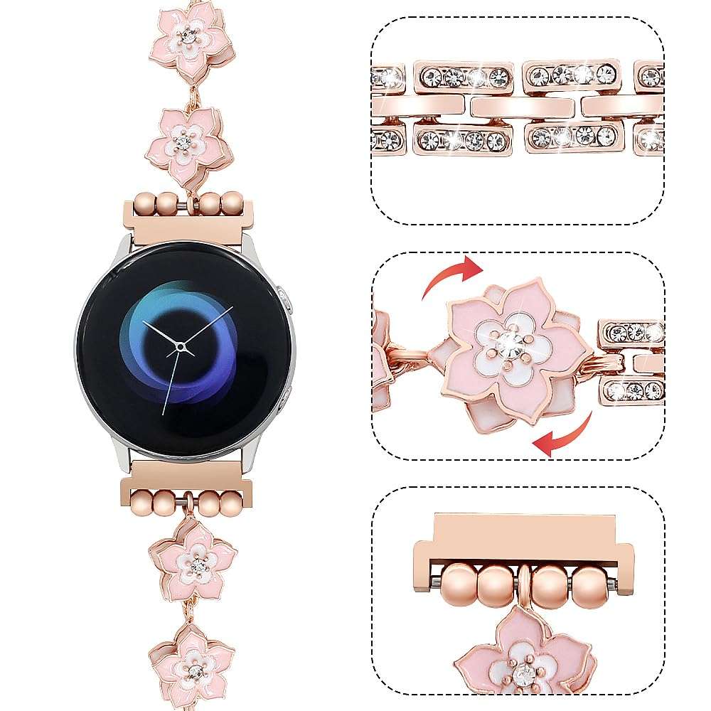 YONWORTH Rotatable Flower Band Compatible with Samsung Galaxy Watch 7 FE 6 5 4 40/44mm,Galaxy Watch 5 Pro 45mm,Watch 6 4 Classic,Bling Chain Stress Relief Sakura Wristband Women 20mm (Pink Rose Gold) 1