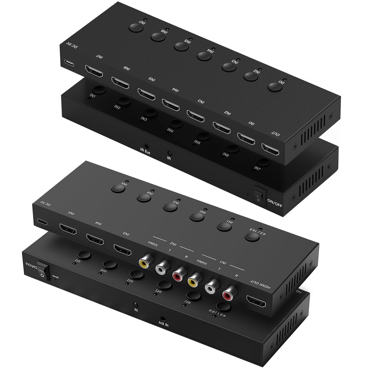 5 in 1 Out HDMI/AV Switcher -2 AV Inputs, 3 HDMI Inputs + 4K@60Hz 7 in 1 Out HDMI Switch