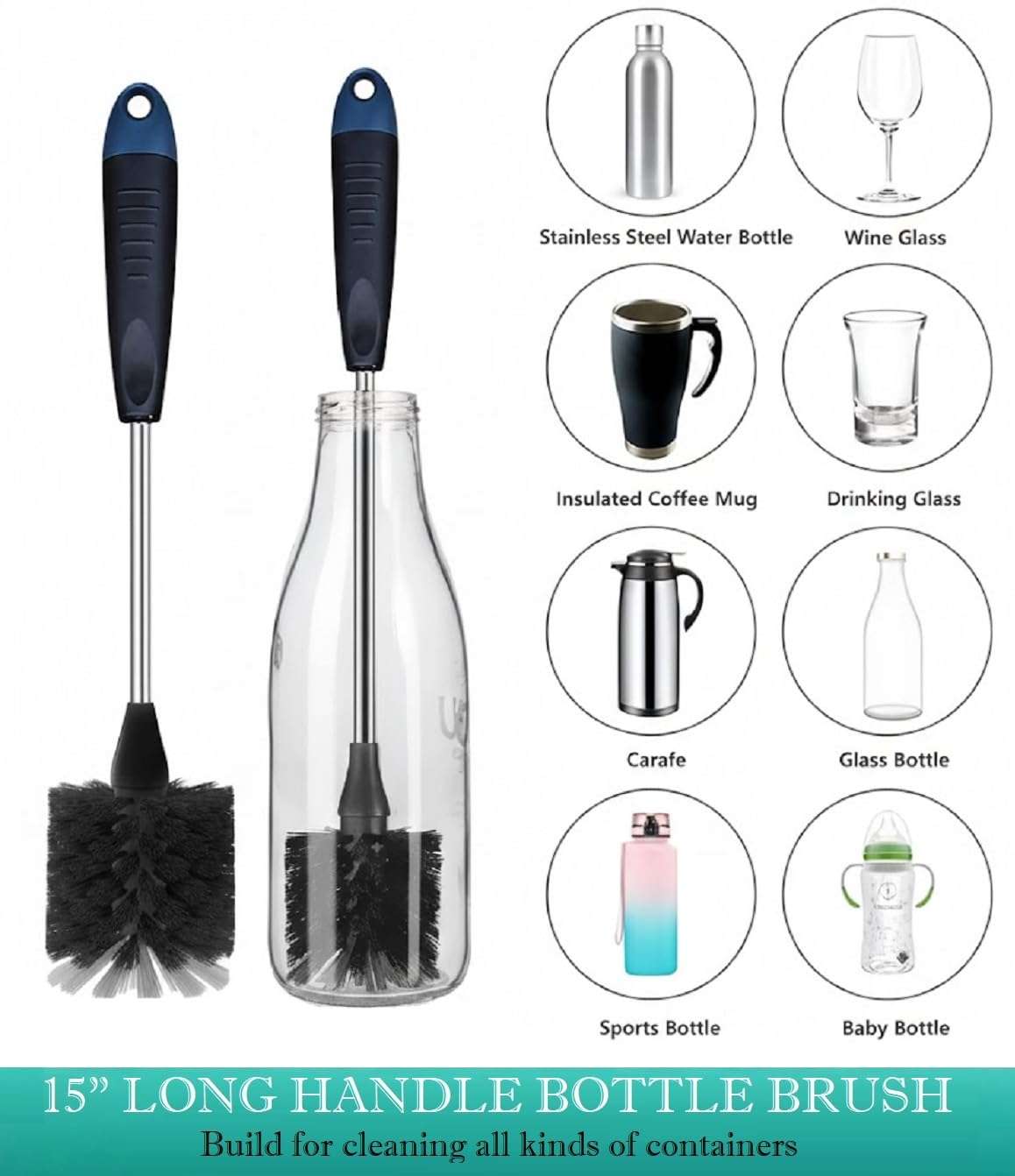 3Pcs Bottle Cleaner Brush Set, 15 inch Long Handle Washing Bottle Cleaning Brushes for Narrow Neck Water Bottles Tumblers Straws Coffee Mugs Sport Bottles Flasks and Thermos Lid Cup Brush 4