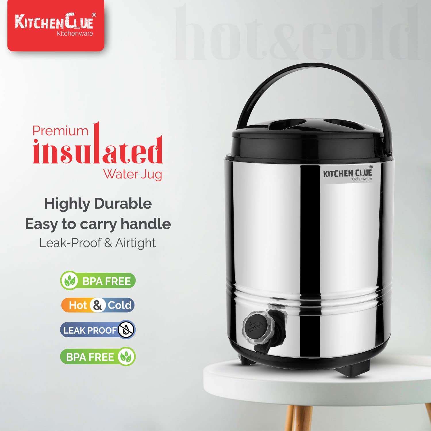 KITCHEN CLUE Stainless Steel Thermos/Water Container With Tap (10 Liter) Cool Drinking Water Dispenser For Office Home KitchenI PU Insulated Water Jug I Easy to Carry Handle I Easy to Clean & Maintain 5