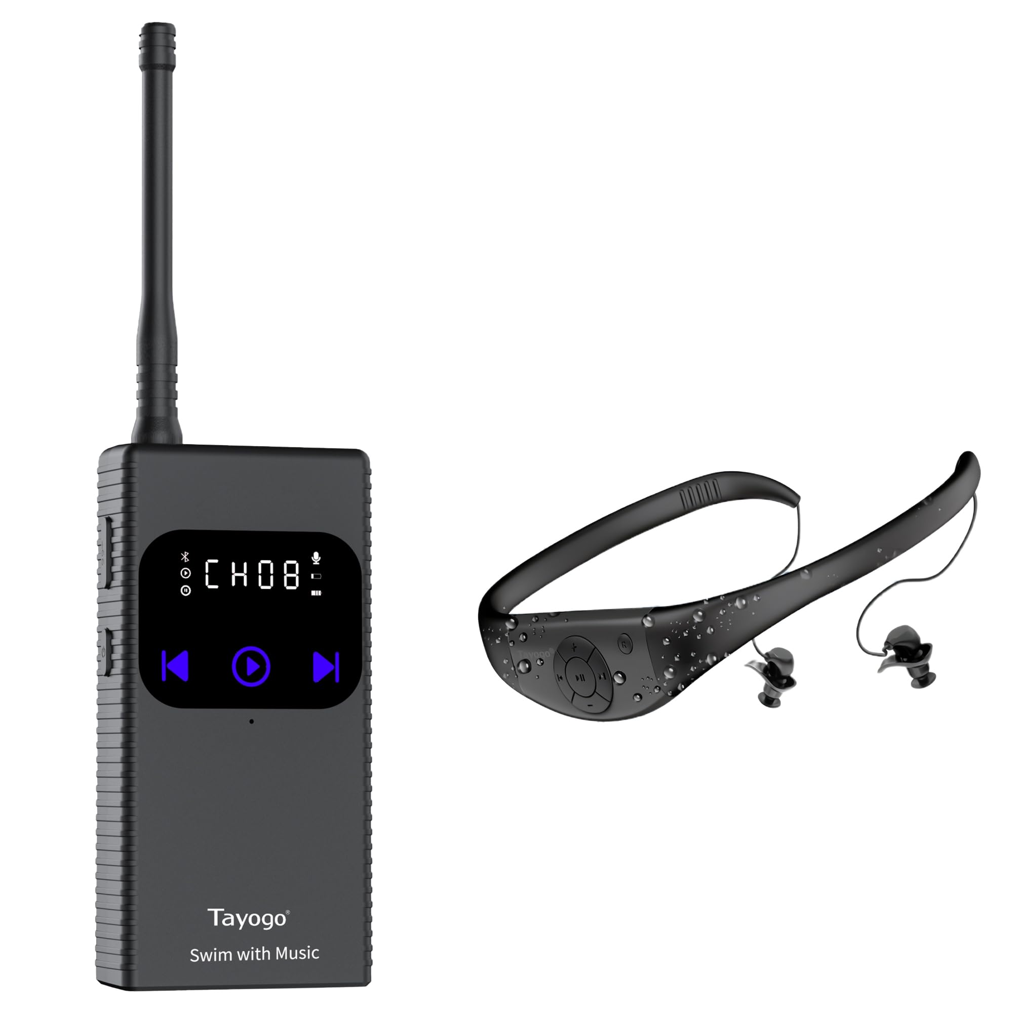 Swimming Headphones for Spotify, Audible, Swimming Coach Communicator,Tayogo Stream Music Combo,Wireless Transmitter,Waterproof in-Ear Headphones Receiver 1
