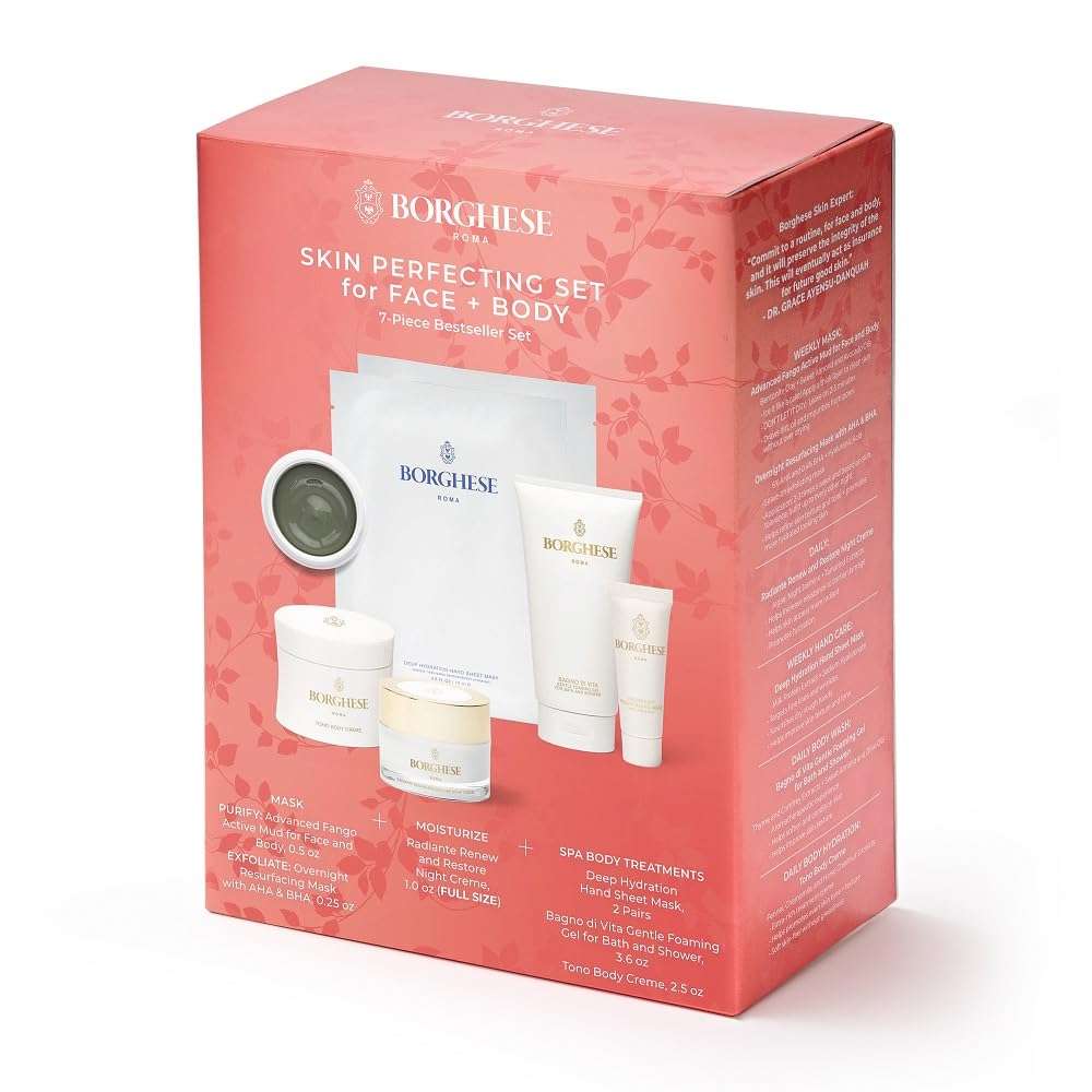 Borghese 7-Piece Skin Perfecting Gift Set - Includes Mud Mask, AHA BHA Overnight Mask, Night Face Cream, Hand Sheet Masks, Shower Gel, & Body Cream 4