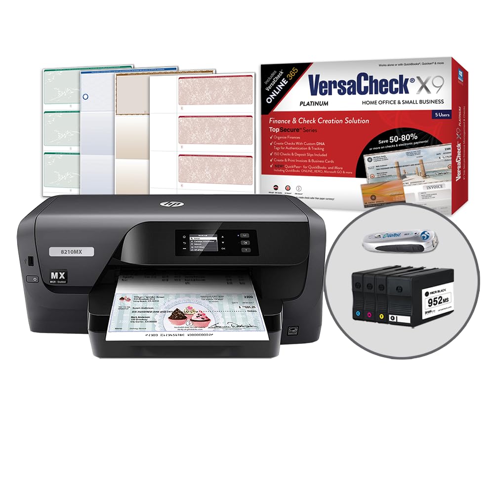 VersaCheck HP OfficeJet Pro 8210 MXE MICR Check Printer X9 Platinum 5-User Check Printing Software Bundle, MICR Black & Color