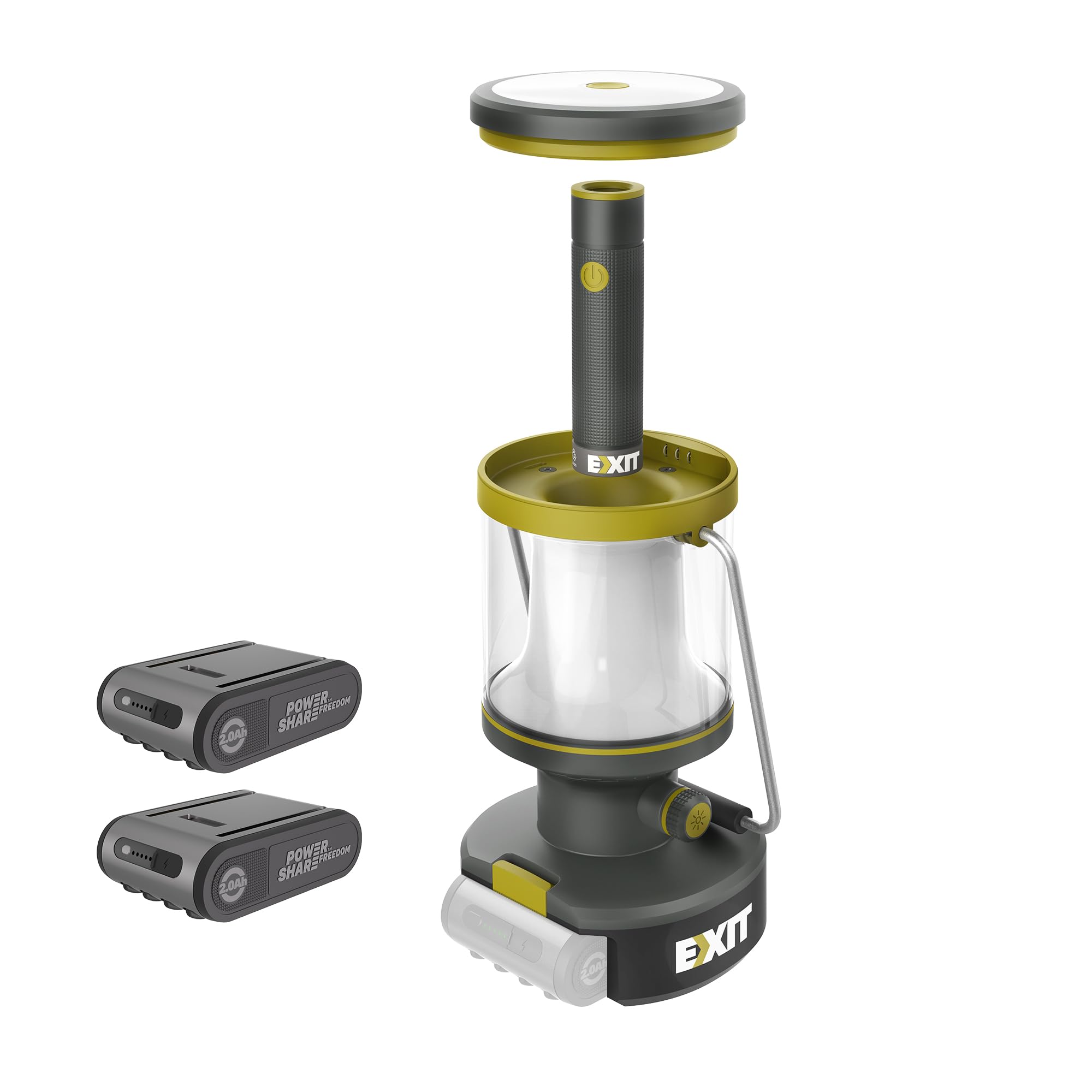 EXIT 20V 3-in-1 Rechargeable LED Lantern EX003, Portable, 800 Lumen Lantern Flashlight for Camping, Hurricane, Emergency, Hiking, Includes 2 Replaceable Battery Packs