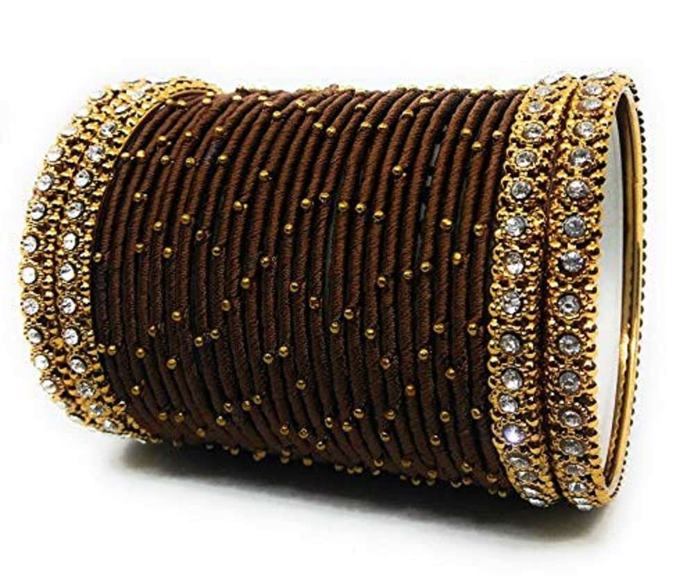 Oneness Handmade Silk Thread Metal Bangle Traditional Bridal Jwellery With Zircon Stone Work (Bridal Chuda/Wedding Chuda) For Women And Girls - (Set Of 28)_Dark Brown_2.10 2