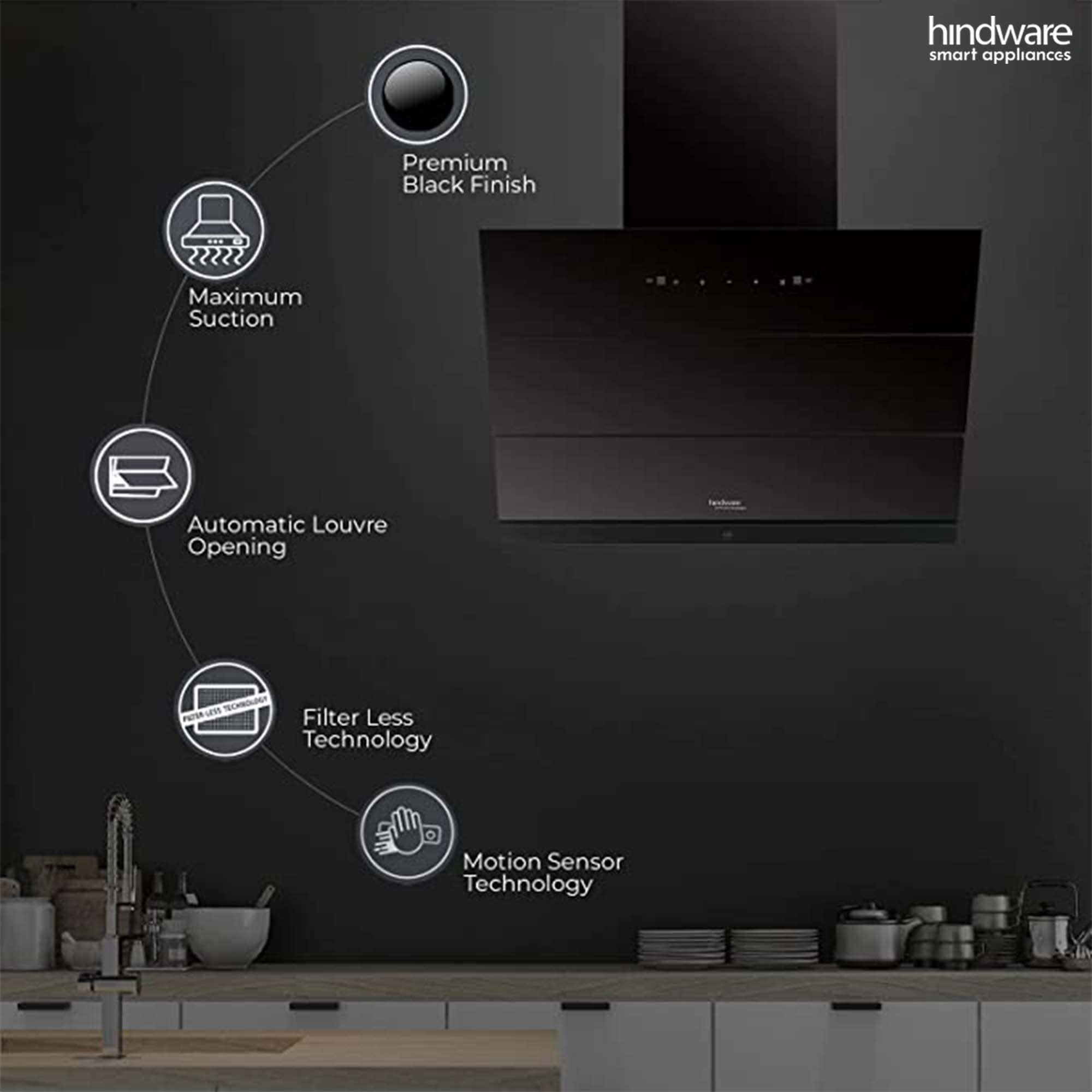 Hindware Skyla 90 cm 1350 m³/hr Auto-Clean Filterless Slant Kitchen Chimney (Touch Control, Black) 2
