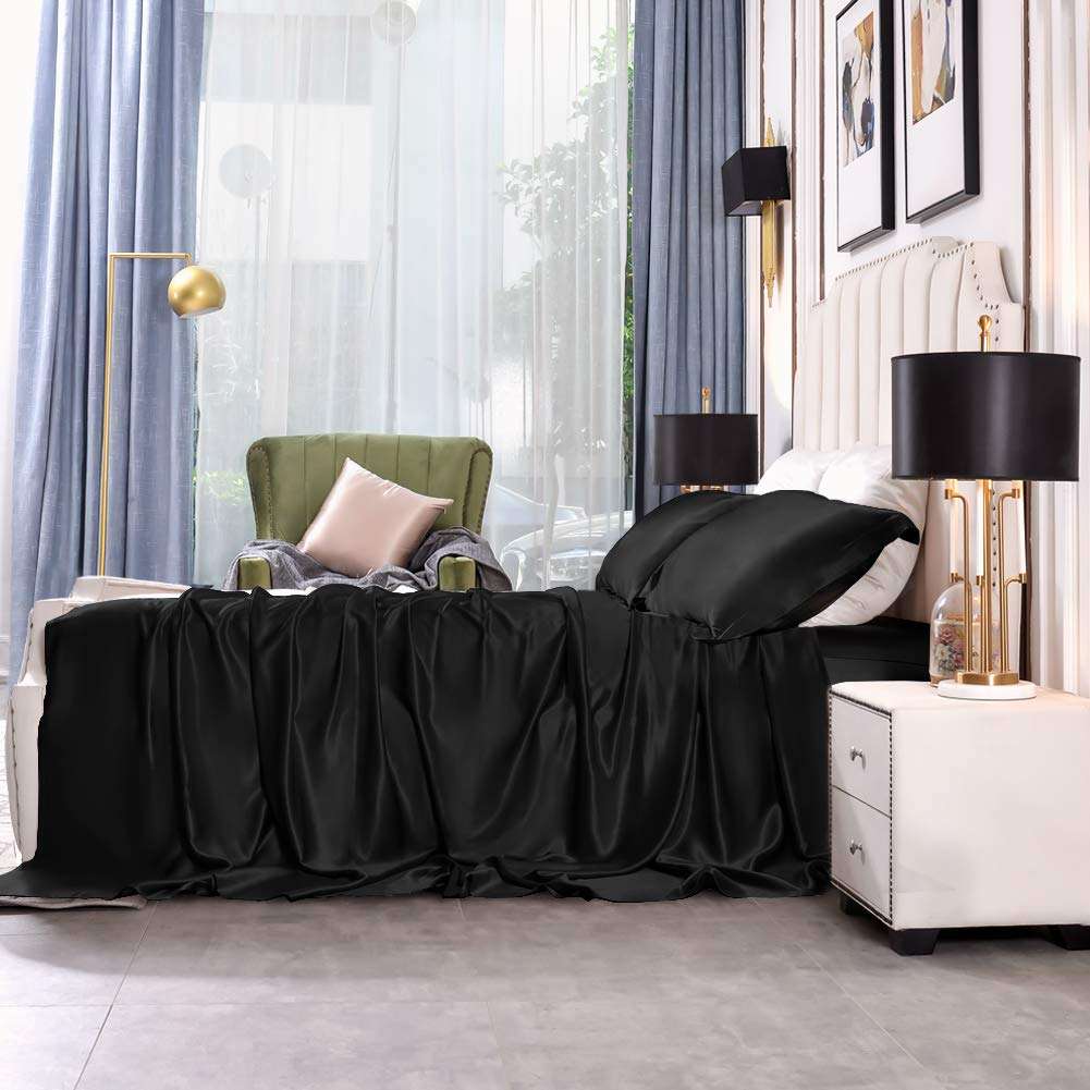 THXSILK Luxury Silk Bed Sheet, Flat Sheet Only, Seamless, 25 Momme Mulberry Silk, Soft and Durable (Black, Queen) 2