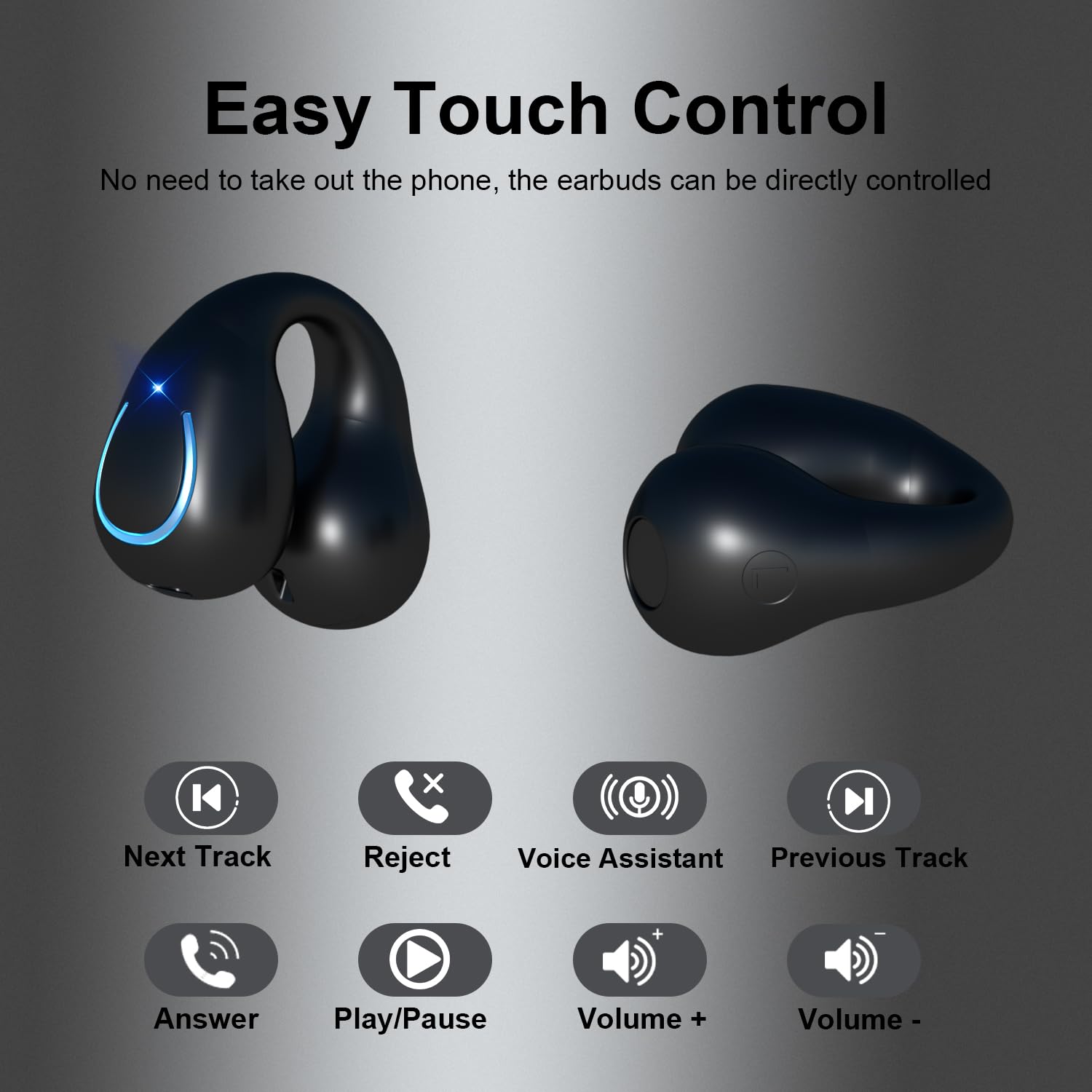 Open Ear Bone Conduction Headphones Wireless Earbuds Bluetooth 5.3 Clip On EarBuds with LED Display Charging Case 60 Hours Playtime Earphones IPX7 Waterproof for Running Walking, Workout（Black） 4
